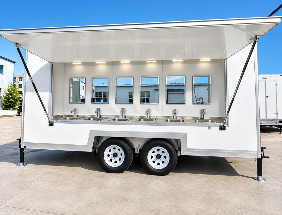 Mobile handwashing trailer with sinks, mirrors and a raised canopy